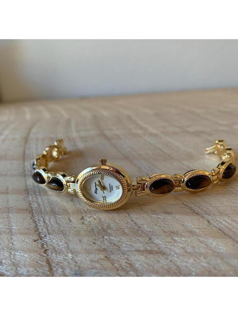 Y2k style Dainty cute Gold style tone quartz watch with brown jade stone opal - Picture 7 of 8